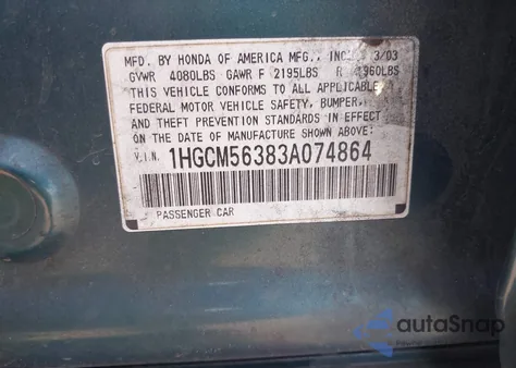 2003 Honda Accord 2.4 Lx из США, поврежденный, VIN 1HGCM56383A074864